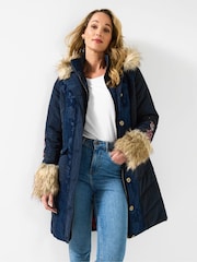Joe Browns Blue Parka with Jacquard Panels & Faux Fur - Image 1 of 5