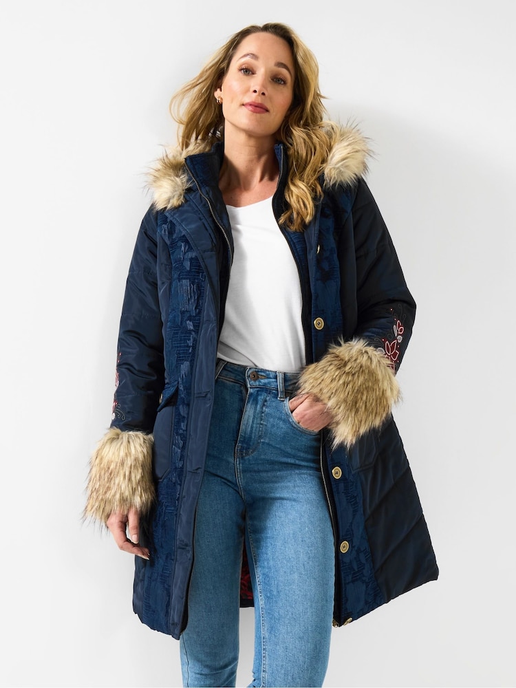 Joe Browns Blue Parka with Jacquard Panels & Faux Fur - Image 1 of 5