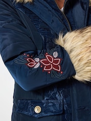 Joe Browns Blue Parka with Jacquard Panels & Faux Fur - Image 2 of 5