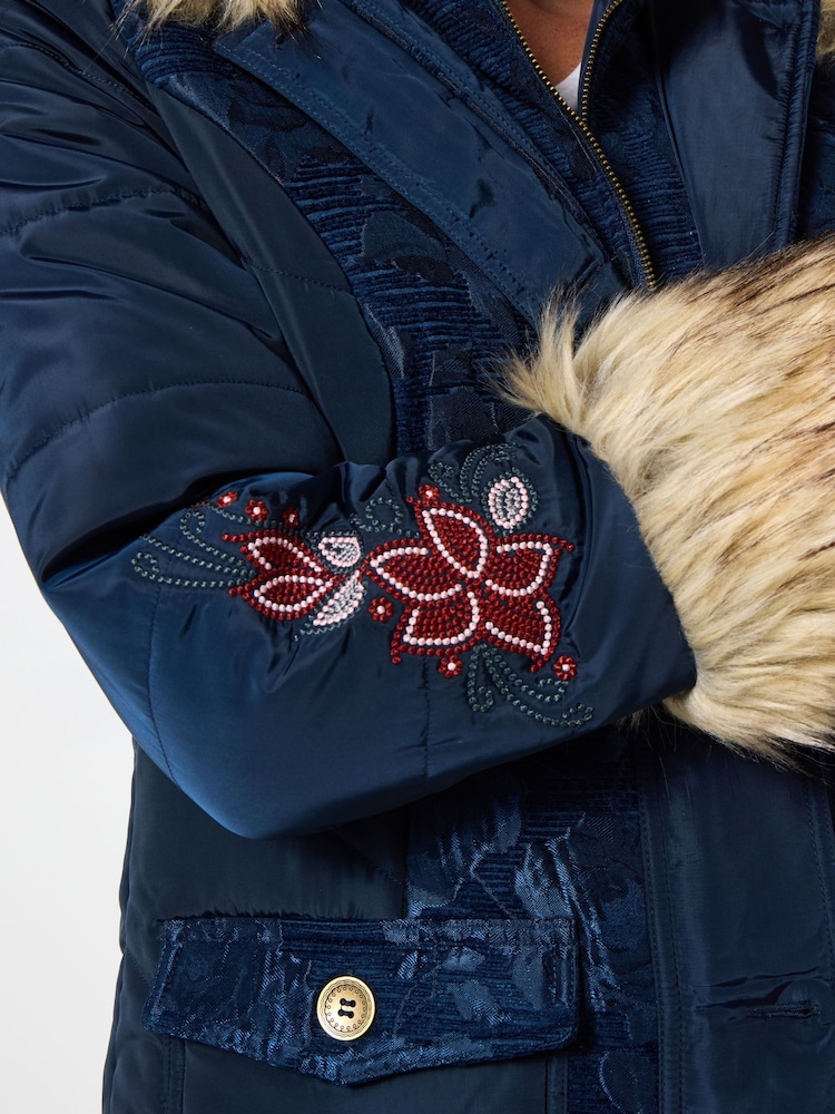 Joe Browns Blue Parka with Jacquard Panels & Faux Fur - Image 2 of 5
