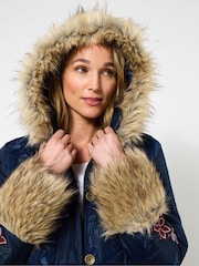 Joe Browns Blue Parka with Jacquard Panels & Faux Fur - Image 3 of 5