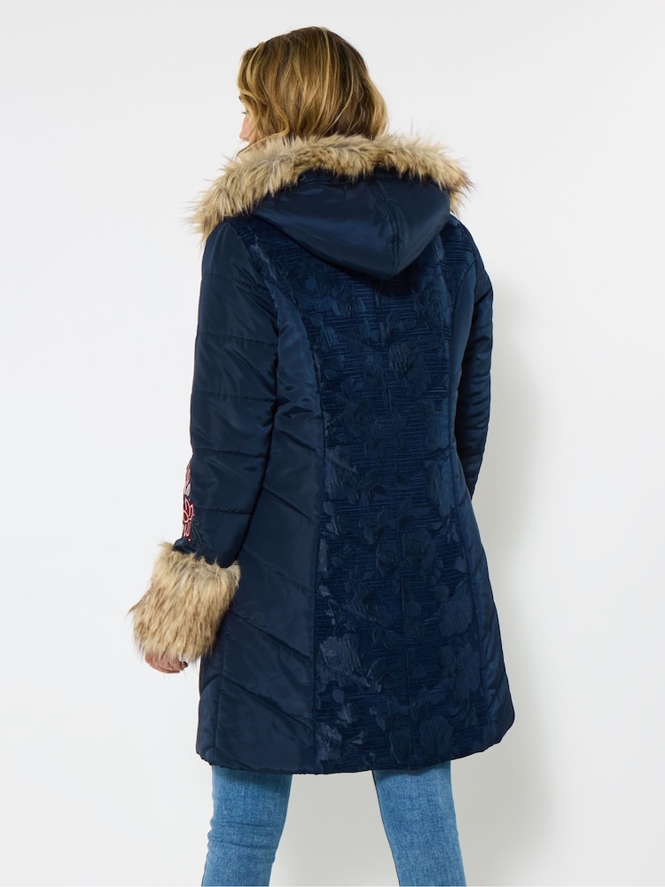 Buy Joe Browns Blue Parka with Jacquard Panels Faux Fur from the