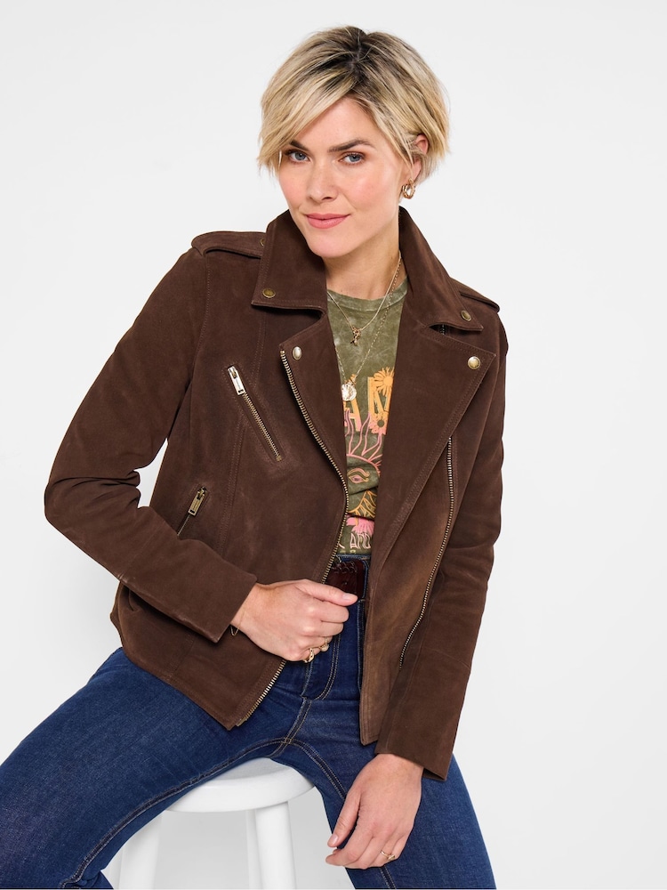 Joe Browns Brown Suede Collared Biker Jacket - Image 1 of 5