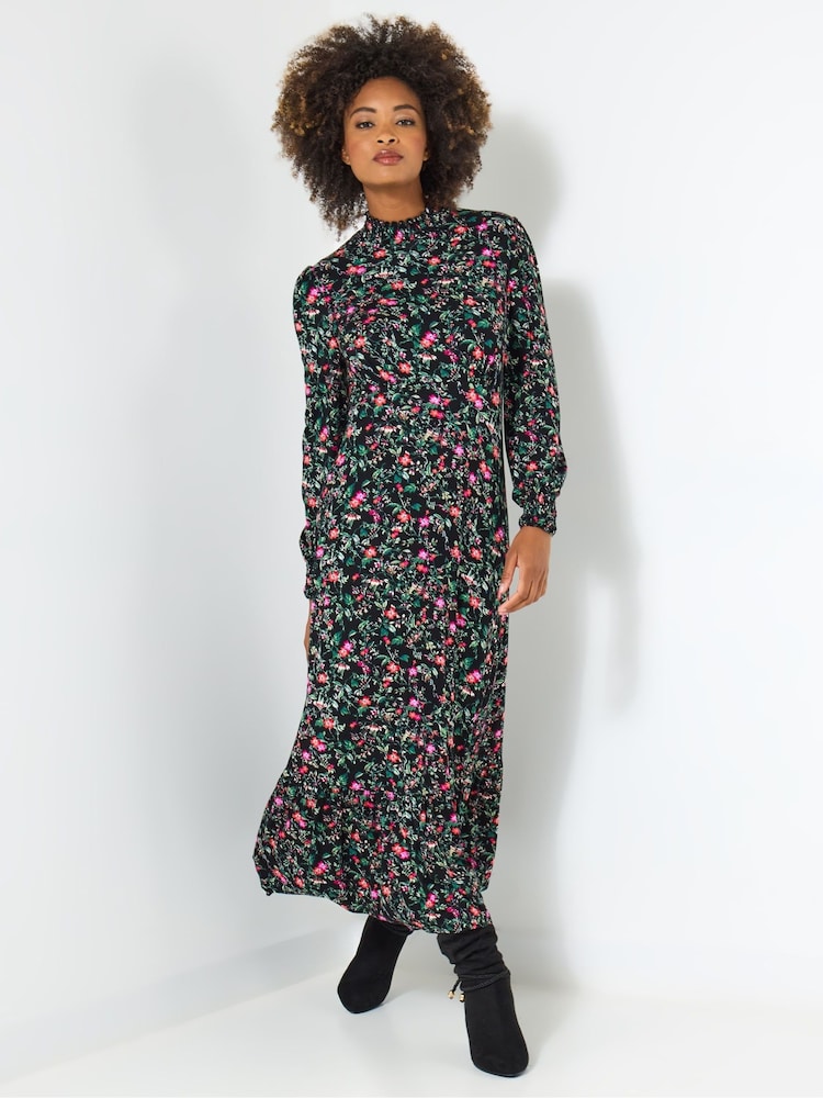 Joe Browns Black Petite Vintage Frill Floral Jersey Midi Dress - Image 1 of 5