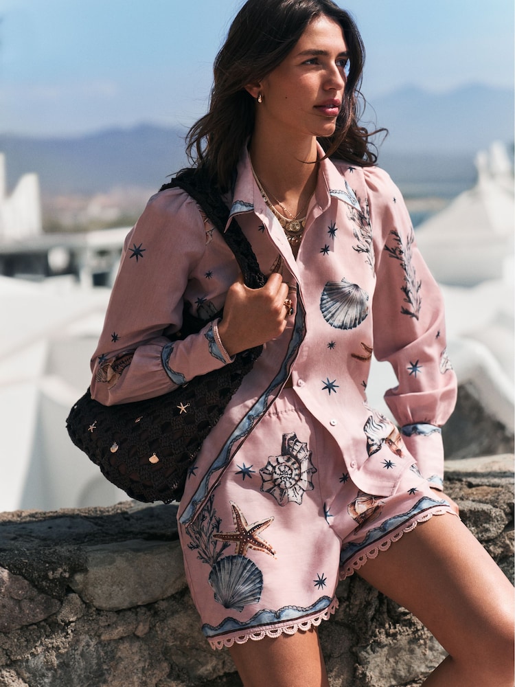 Pink Shell Print Lightweight Shorts - Image 1 of 6