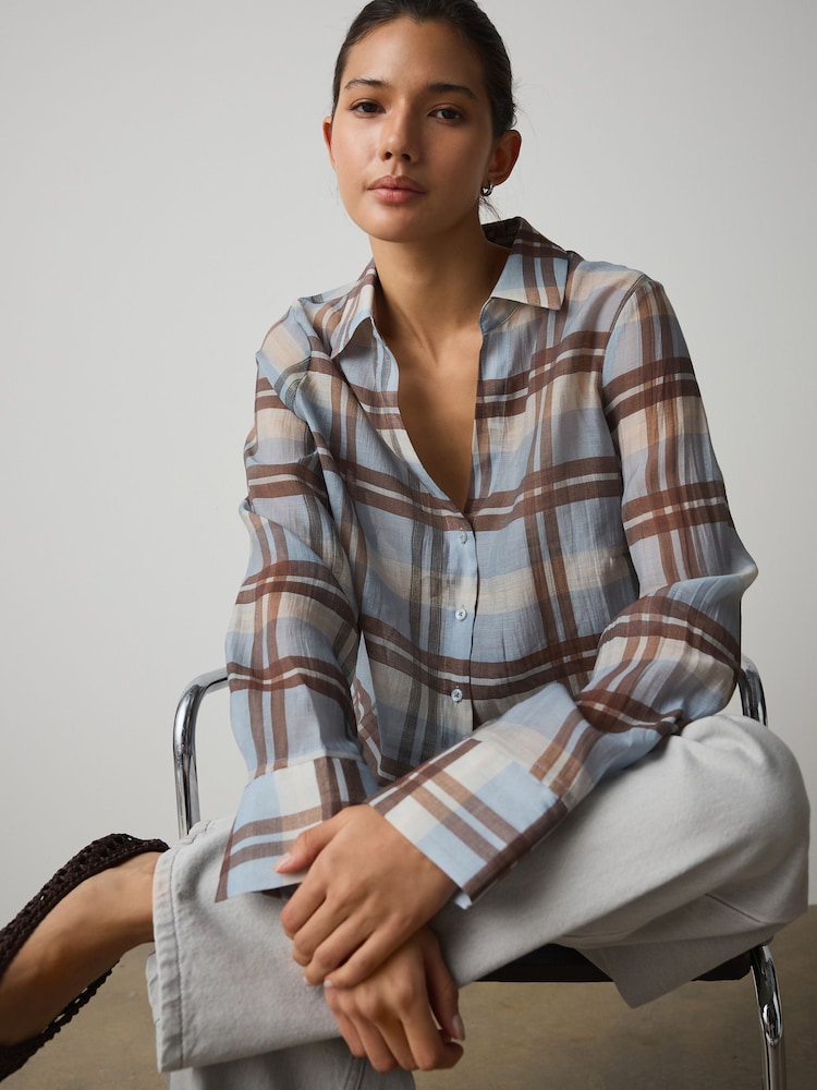 Blue/Ecru/Brown Check Sheer Shirt - Image 5 of 5