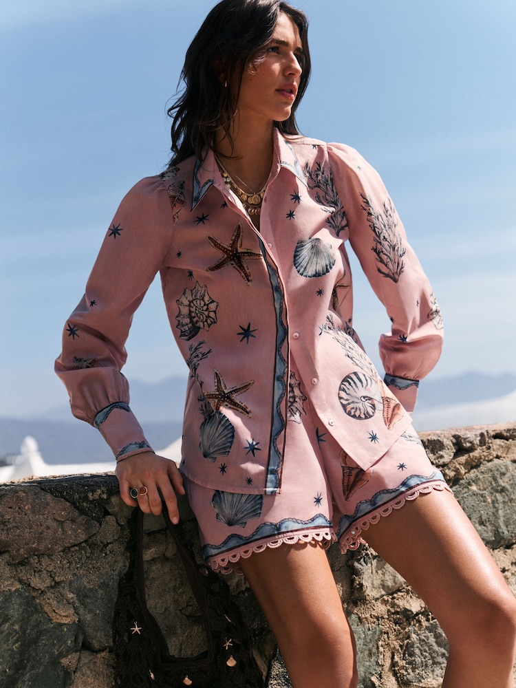 Pink Shell Print Long Sleeve Lightweight Shirt - Image 1 of 7