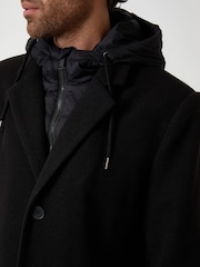 Threadbare Black Faux Wool Mock Inner Hooded Longline Coat - Image 3 of 4