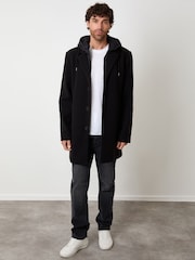 Threadbare Black Faux Wool Mock Inner Hooded Longline Coat - Image 4 of 4