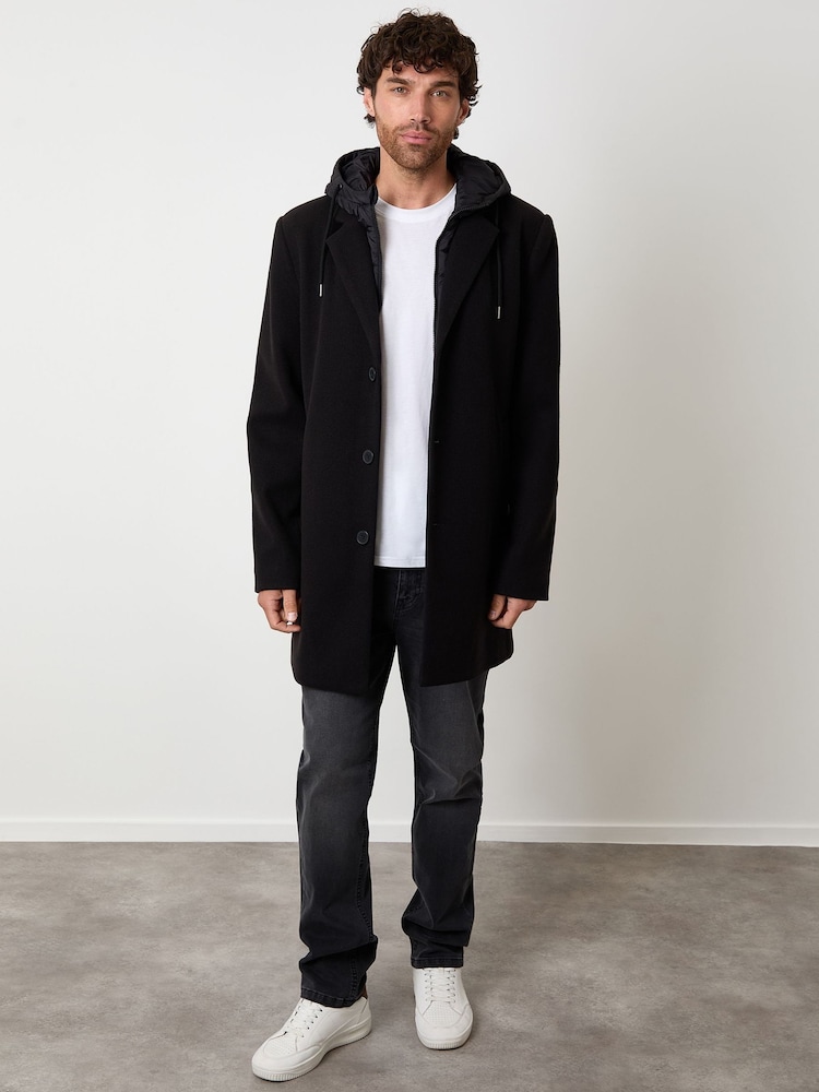 Threadbare Black Faux Wool Mock Inner Hooded Longline Coat - Image 4 of 4 Threadbare Black Faux Wool Mock Inner Hooded Longline Coat - Image 4 of 4