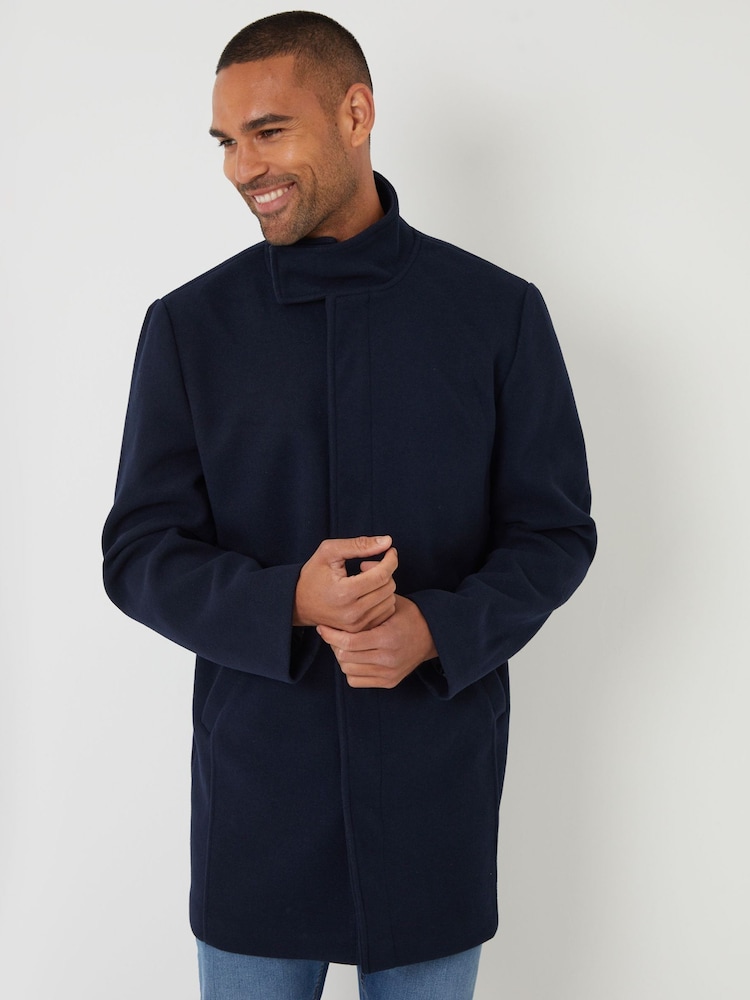 Threadbare Navy Longline Faux Wool Funnel Neck Coat - Image 1 of 4
