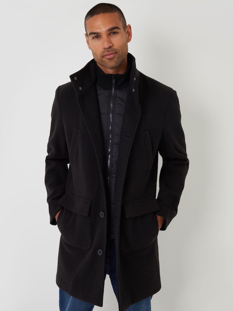 Threadbare Black Faux Wool Mock Layer Longline Utility Coat - Image 1 of 4 Threadbare Black Faux Wool Mock Layer Longline Utility Coat - Image 1 of 4