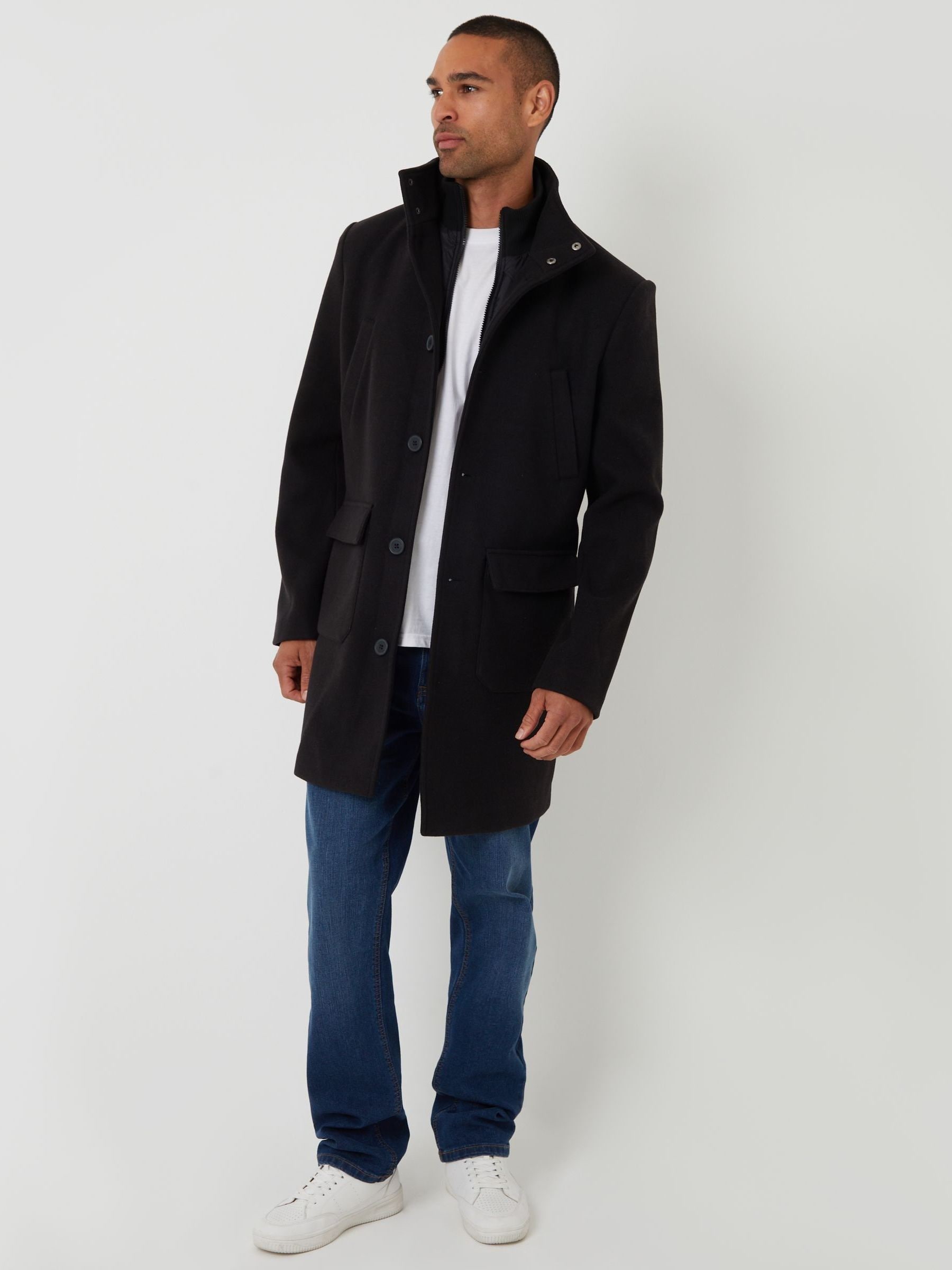 Buy Threadbare Black Faux Wool Mock Layer Longline Utility Coat