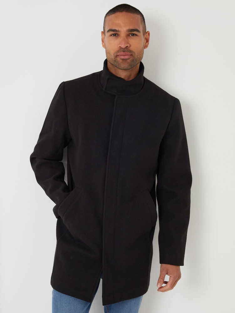 Threadbare Black Longline Faux Wool Funnel Neck Coat - Image 1 of 4