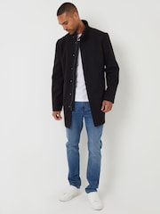 Threadbare Black Longline Faux Wool Funnel Neck Coat - Image 3 of 4