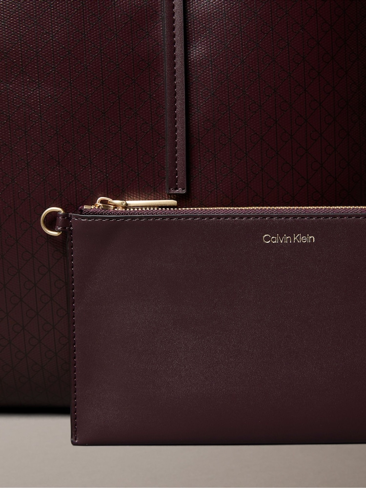 Calvin Klein Brown Allover Monogram Logo Tote Bag with Pouch - Image 3 of 3 Calvin Klein Brown Allover Monogram Logo Tote Bag with Pouch - Image 3 of 3