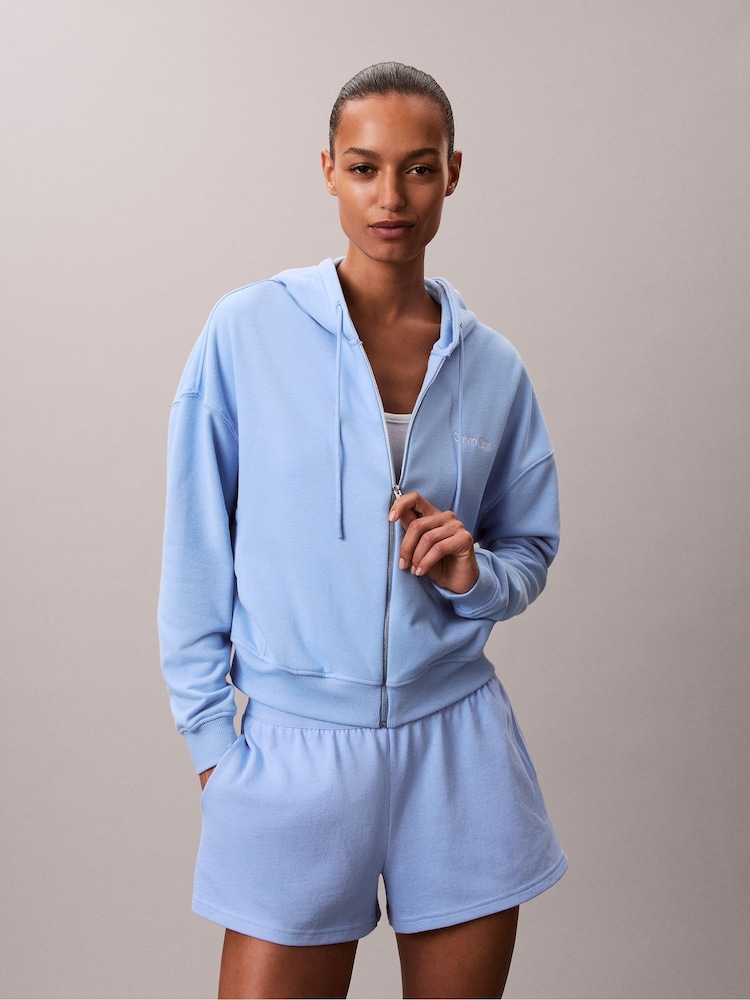 Calvin Klein Blue Cotton Terry Blend Zip Lounge Hoodie - Image 1 of 6 Calvin Klein Blue Cotton Terry Blend Zip Lounge Hoodie - Image 1 of 6
