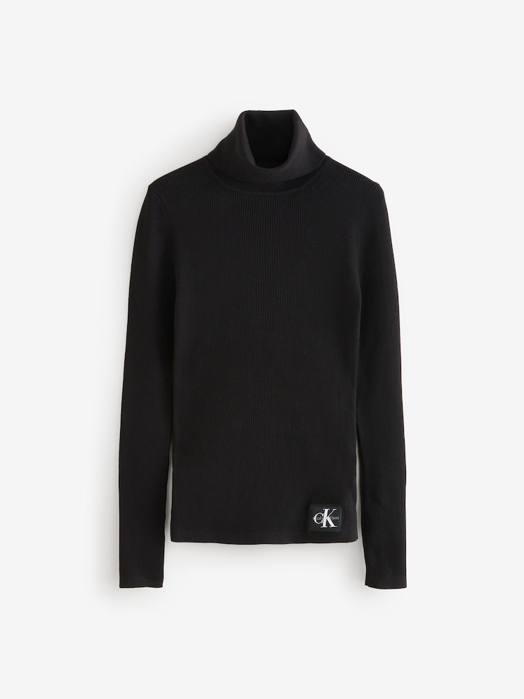 Calvin Klein Black Woven Label Roll Neck T-Shirt - Image 6 of 6 Calvin Klein Black Woven Label Roll Neck T-Shirt - Image 6 of 6