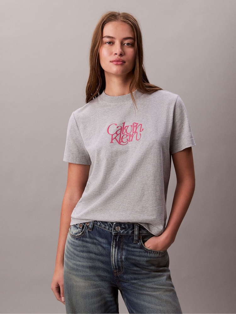 Calvin Klein Grey Script Logo Graphic Slim T-Shirt - Image 1 of 6