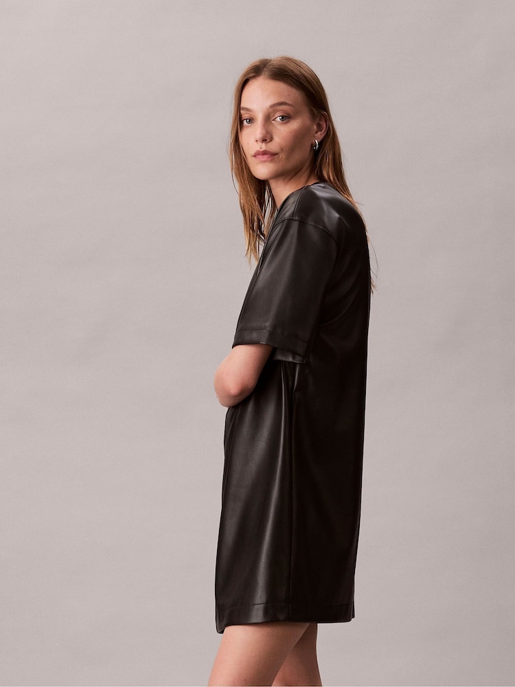 calvin klein dress leather trim Calvin Klein Black Sleeveless Faux Leather Trim Career Sheath Dress