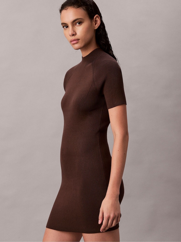brown calvin klein dress Womens Calvin Klein Brown Sculpted Knit Mini Dress S (US 4-6)