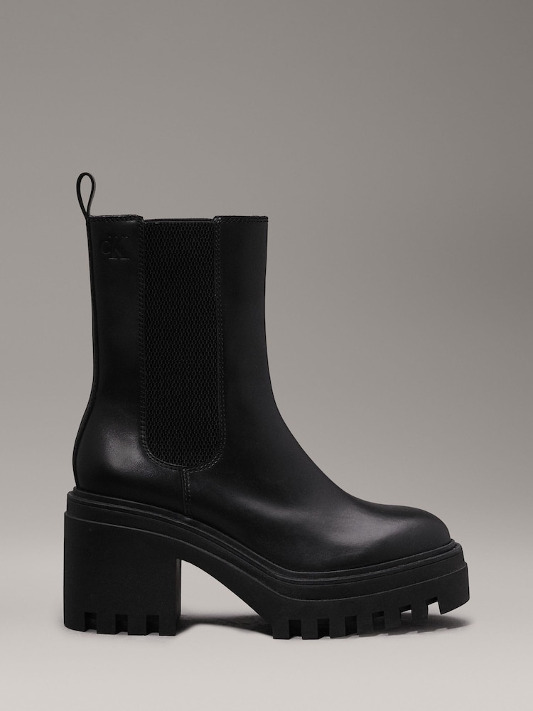 Calvin Klein Black Leather Chunky Heeled Chelsea Boots - Image 1 of 7 Calvin Klein Black Leather Chunky Heeled Chelsea Boots - Image 1 of 7