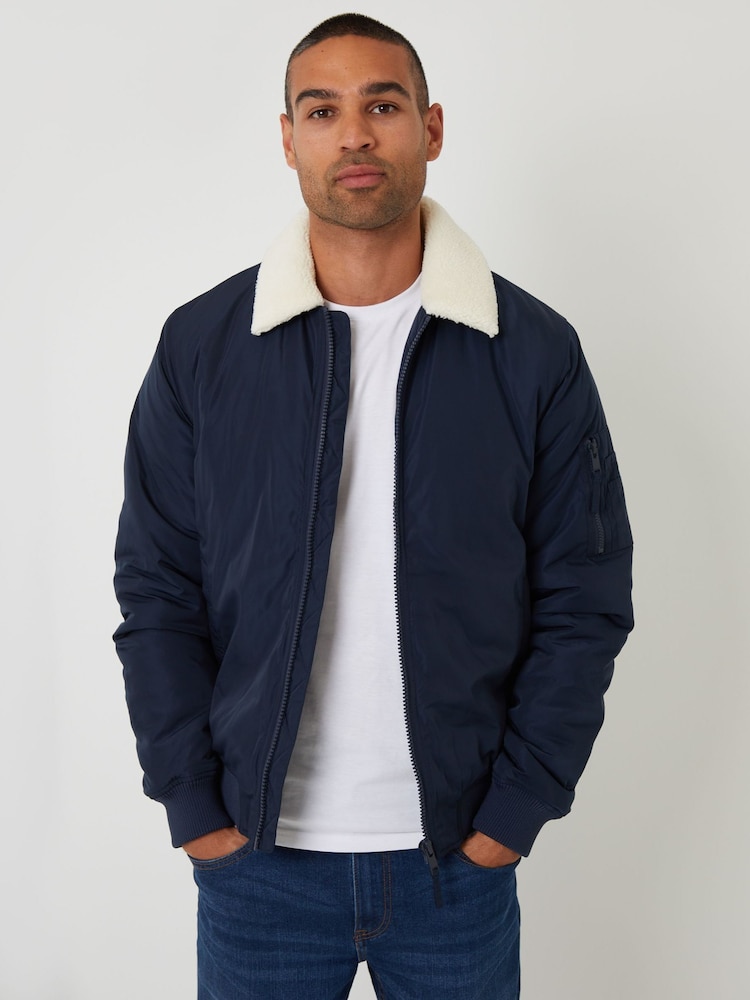 Threadbare Blue Borg Collar Bomber Jacket - Image 1 of 4 Threadbare Blue Borg Collar Bomber Jacket - Image 1 of 4