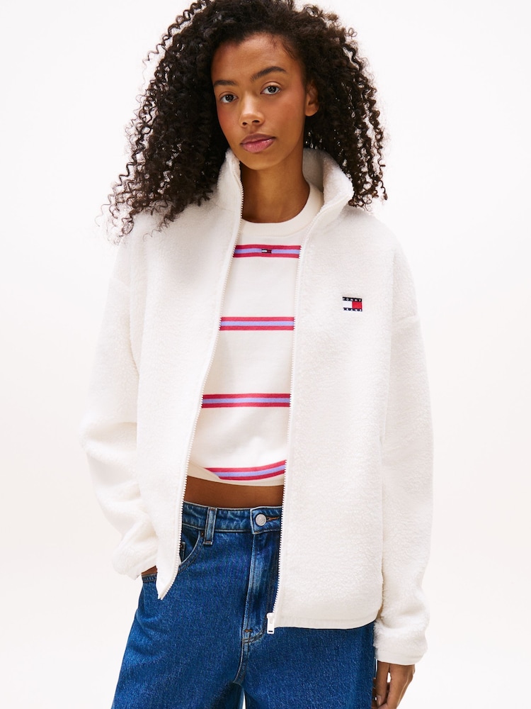 Tommy Jeans White Badge Teddy Oversized Zip-Through Sweatshirt - Image 1 of 5 Tommy Jeans White Badge Teddy Oversized Zip-Through Sweatshirt - Image 1 of 5