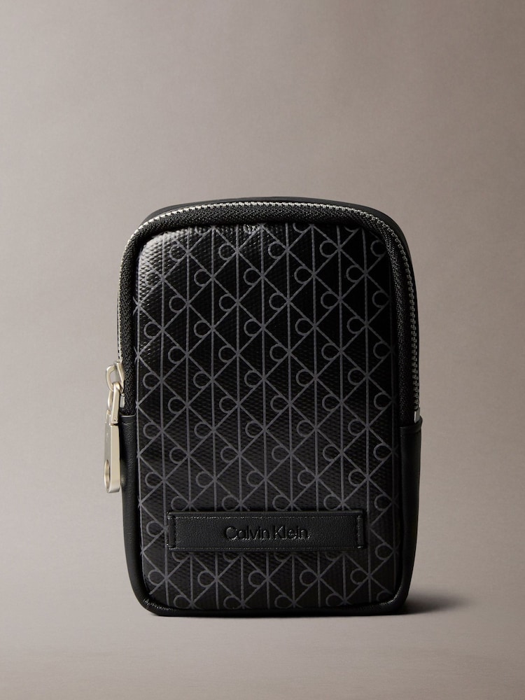 Calvin Klein Black Allover Monogram Logo Zip Pouch - Image 1 of 5