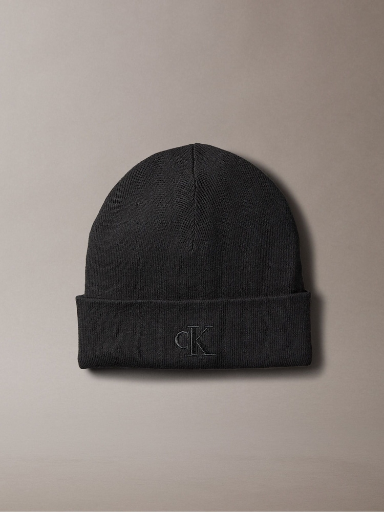 Calvin Klein Black Signature Logo Beanie - Image 1 of 3 Calvin Klein Black Signature Logo Beanie - Image 1 of 3