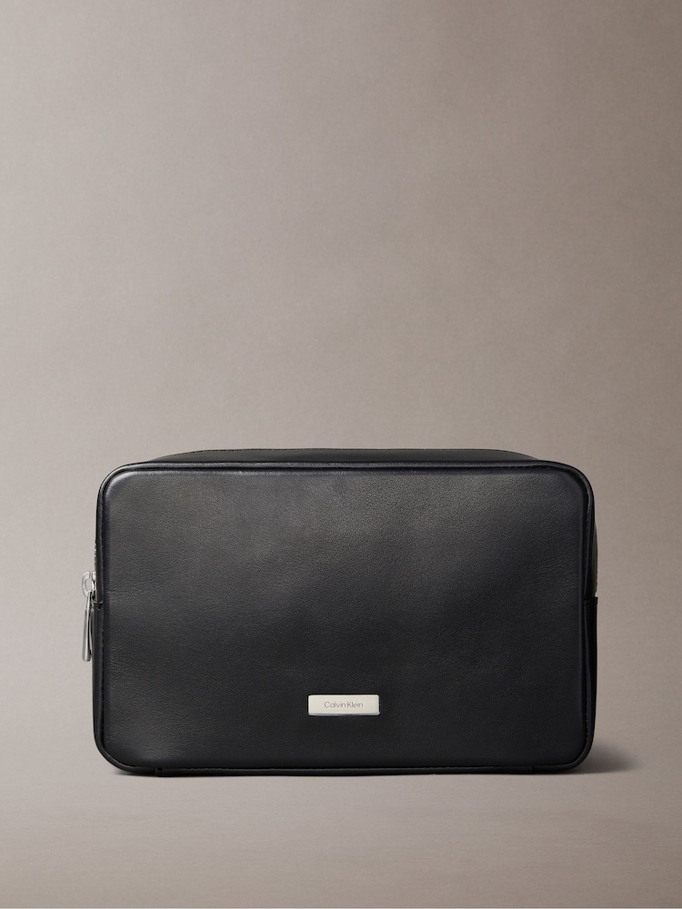 Calvin Klein Black Full Grain Leather Wash Bag - Image 1 of 4 Calvin Klein Black Full Grain Leather Wash Bag - Image 1 of 4