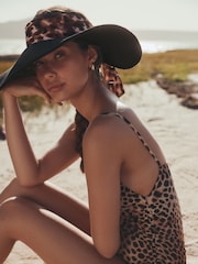 Black/Animal Print Raffia Scarf Detail Visor Hat - Image 2 of 6