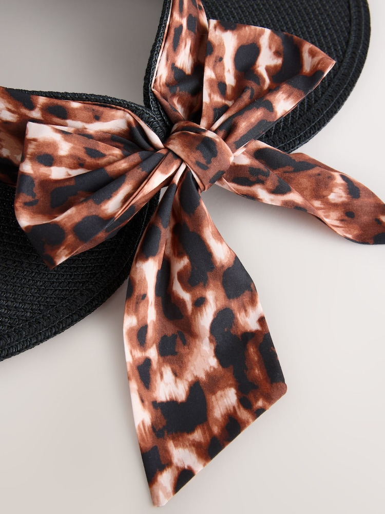 Black/Animal Print Raffia Scarf Detail Visor Hat - Image 2 of 6