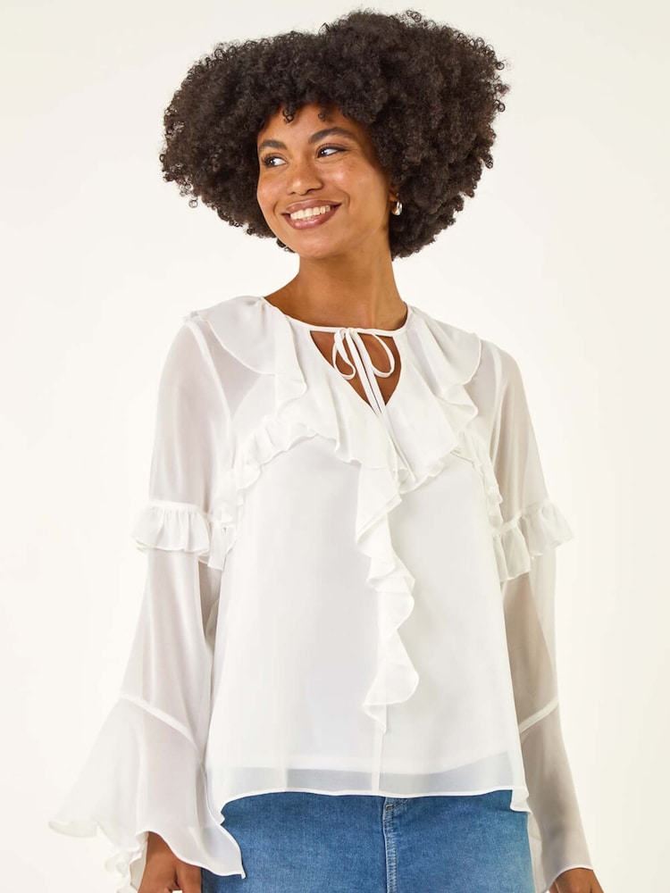 Roman White Chiffon Tie Neck Ruffle Tunic Top - Image 1 of 5