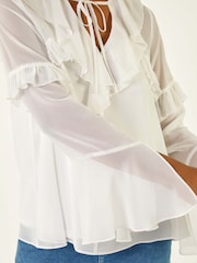 Roman White Chiffon Tie Neck Ruffle Tunic Top - Image 2 of 5