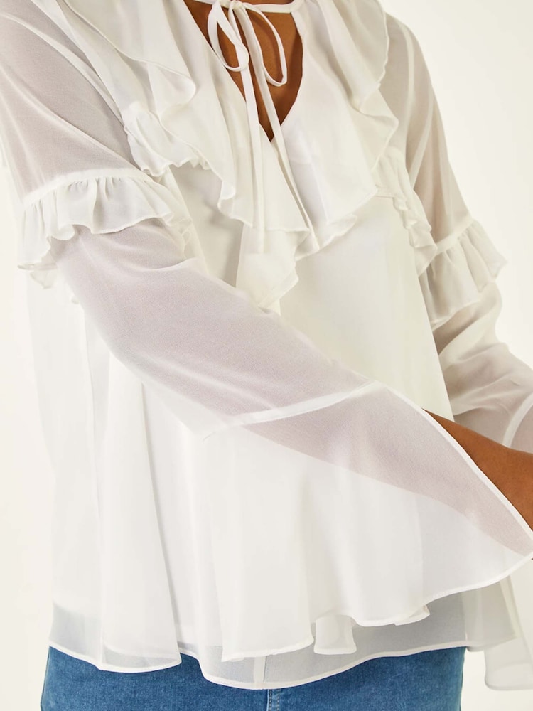 Roman White Chiffon Tie Neck Ruffle Tunic Top - Image 2 of 5