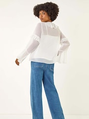 Roman White Chiffon Tie Neck Ruffle Tunic Top - Image 3 of 5