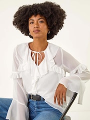 Roman White Chiffon Tie Neck Ruffle Tunic Top - Image 4 of 5