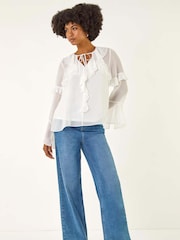 Roman White Chiffon Tie Neck Ruffle Tunic Top - Image 5 of 5
