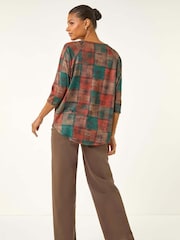 Roman Orange Patchwork Print Round Hem Tunic Top - Image 2 of 5