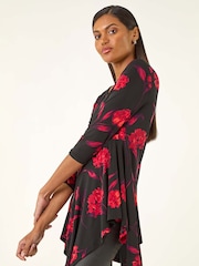 Roman Red Floral Print Asymmetric Stretch Tunic Top - Image 1 of 5
