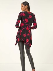 Roman Red Floral Print Asymmetric Stretch Tunic Top - Image 2 of 5