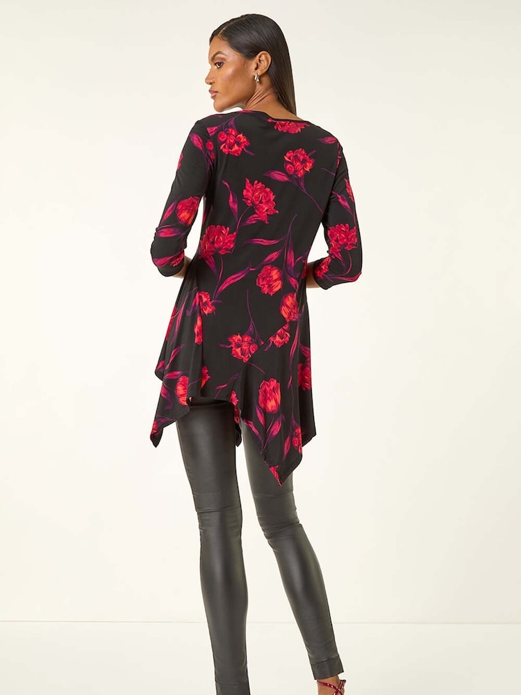 Roman Red Floral Print Asymmetric Stretch Tunic Top - Image 2 of 5