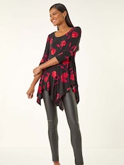 Roman Red Floral Print Asymmetric Stretch Tunic Top - Image 3 of 5