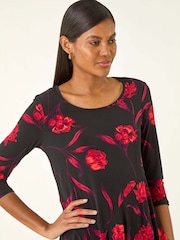 Roman Red Floral Print Asymmetric Stretch Tunic Top - Image 4 of 5