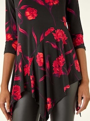 Roman Red Floral Print Asymmetric Stretch Tunic Top - Image 5 of 5