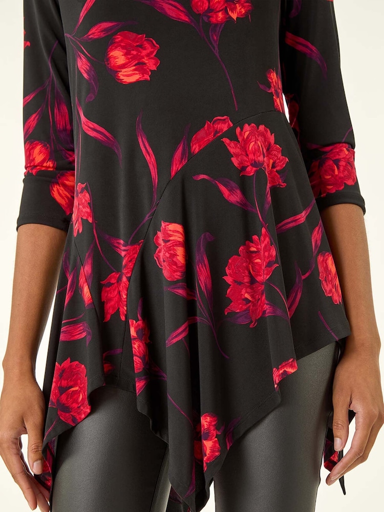 Roman Red Floral Print Asymmetric Stretch Tunic Top - Image 5 of 5