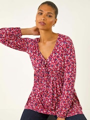 Roman Pink Floral Tie Front Stretch Blouse - Image 1 of 5
