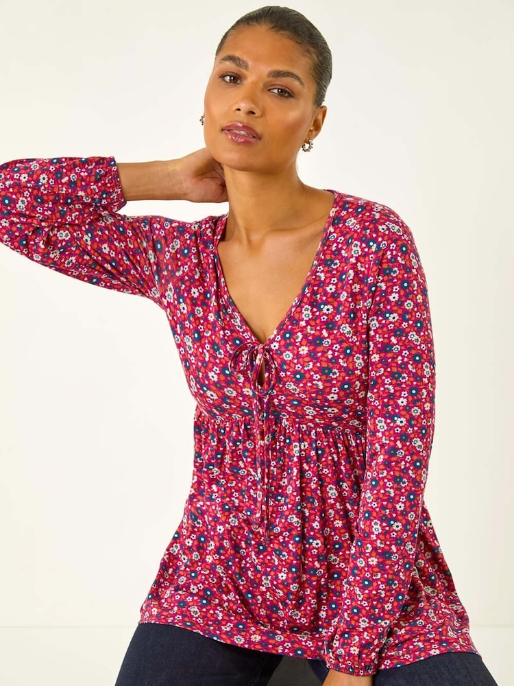 Roman Pink Floral Tie Front Stretch Blouse - Image 1 of 5 Roman Pink Floral Tie Front Stretch Blouse - Image 1 of 5