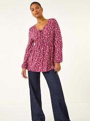 Roman Pink Floral Tie Front Stretch Blouse - Image 2 of 5